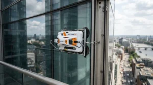 A smart window cleaning robot with safety rope for skylights detecting the frame edge during operation on a vaulted ceiling window.