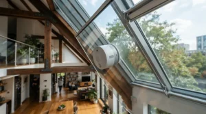 A modern window cleaning robot with safety rope for skylights attached securely while operating on a high angled glass ceiling in a suburban home living room.