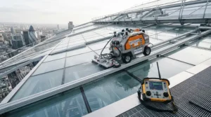A window cleaning robot with safety rope for skylights being guided by remote control on a large glass atrium ceiling.