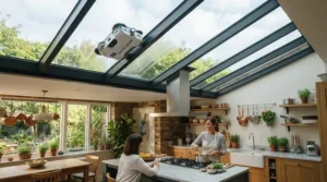 An automated window cleaning robot with safety rope for skylights polishing a large glass ceiling panel in a spacious contemporary kitchen.