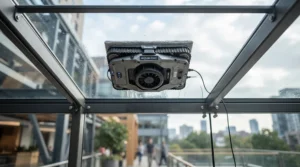 A powerful window cleaning robot with safety rope for skylights demonstrating strong vacuum adherence on an overhead glass surface.