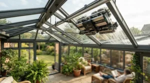 A reliable window cleaning robot with safety rope for skylights maintaining crystal clear glass panes in a bright suburban sunroom.